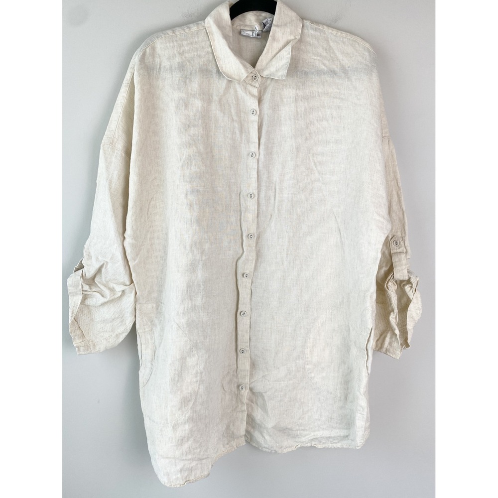 Chicos Womens 100% Linen Button Up Shirt L Beige Roll Tab Sleeve Coastal Minimal
